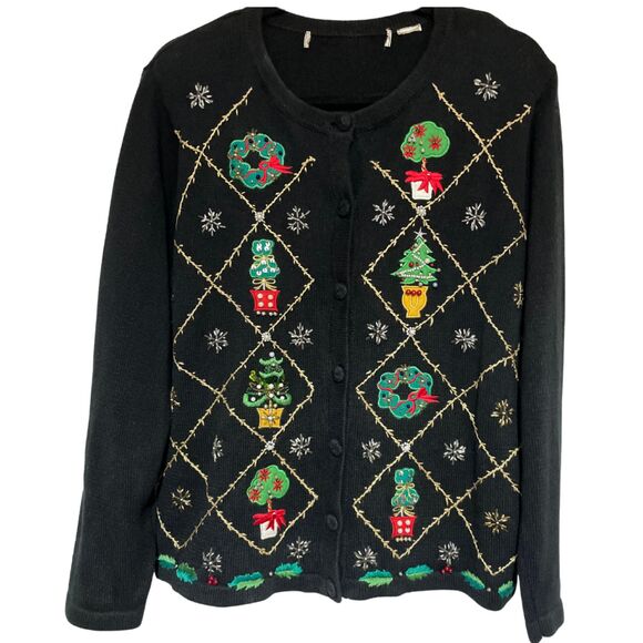 OHI Vintage Black Christmas Holiday Knit Cardigan Sweater Embroidered Beaded - Picture 2 of 13